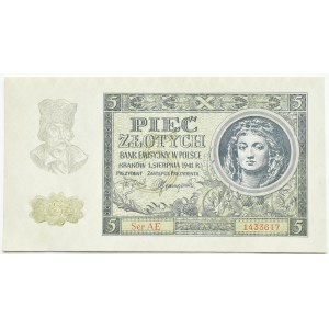 Generalna Gubernia, 5 złotych 1941, seria AE, Kraków, UNC