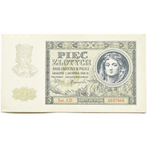 Generalna Gubernia, 5 złotych 1941, seria AD, Kraków