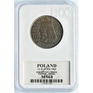 PRL, Kazimierz Wielki, 10 złotych 1964, wersja wypukła, Warszawa, GCN MS68