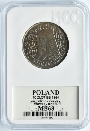 PRL, Casimir the Great, 10 zloty 1964, relief version, Warsaw, GCN MS68