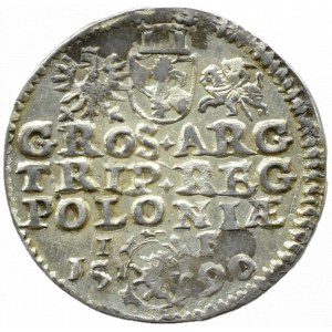 Zygmunt III Waza, trojak 1590 IF, Olkusz herb LEWART w ozdobnej tarczy