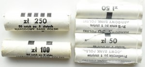 PRL, lot of 6 NBP bank rolls, 1, 2, 5 zloty 1989-1990, Warsaw
