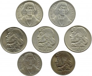 PRL, T. Kosciuszko/M. Copernicus, lot of 7 coins of 10 gold 1959-1973, Warsaw.