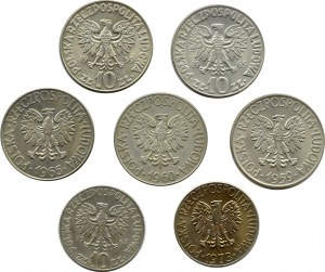 PRL, T. Kosciuszko/M. Copernicus, lot of 7 coins of 10 gold 1959-1973, Warsaw.