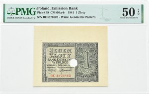 General Government, 1 zloty 1941, BE series, PERFORATION, Krakow, PMG 50 EPQ