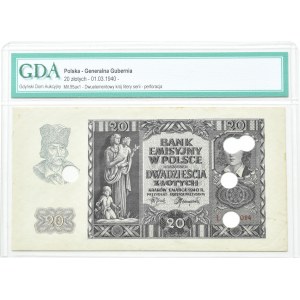 Generalna Gubernia, 20 złotych 1940, seria L, PERFOROWANY, Kraków, GDA