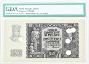 Generalna Gubernia, 20 złotych 1940, seria L, PERFOROWANY, Kraków, GDA