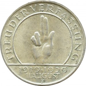 Germany, Weimar Republic, Hindenburg Oath, 3 marks 1929 F, Stuttgart