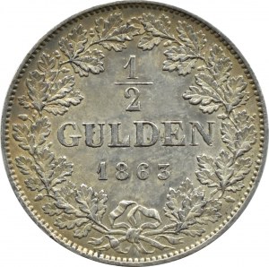 Germany, Baden, Frederick, 1/2 guilder 1863, Karsruhe, BEAUTIFUL!