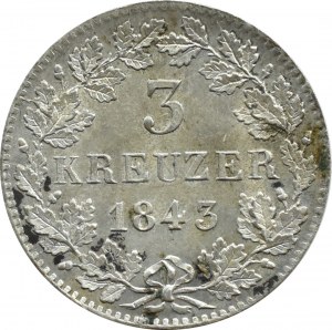Germany, Bavaria (Bayern), Ludwig I, 3 kreuzer 1843, Munich, UNC