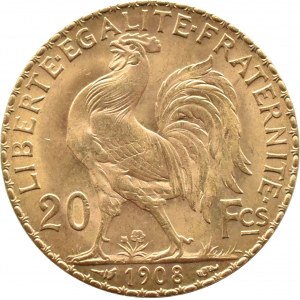 Francja, Trzecia Republika, Marianna/Kogut, 20 franków 1908, Paryż, UNC