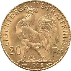 France, Third Republic, Marianne/Cock, 20 francs 1908, Paris, UNC