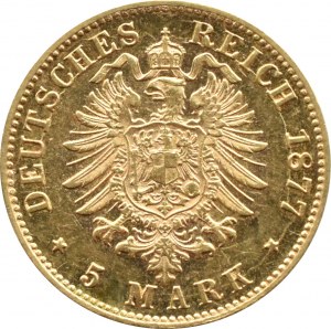 Germany, Bavaria, Ludwig II, 5 marks 1877 D, Munich BEAUTIFUL and RARE