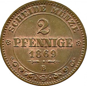 Germany, Saxony, Johann V, 2 pfenige 1869 B, Hannover, UNC