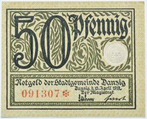 Free City of Danzig, 50 fenig (pfennig) 1919, green color, BEAUTIFUL