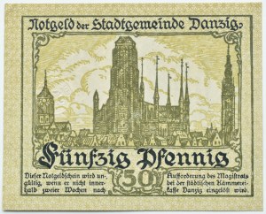 Free City of Danzig, 50 fenig (pfennig) 1919, green color, BEAUTIFUL