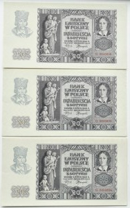 General Government, 20 gold 1940, series G - three consecutive numbers