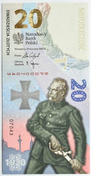 Third Republic, 100th anniversary of the Battle of Warsaw, 20 gold 2020, FOUR-DIGIT NUMBERING, UNC
