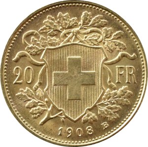 Switzerland, Vreneli, 20 francs 1908 B, Bern, OLD BICKS
