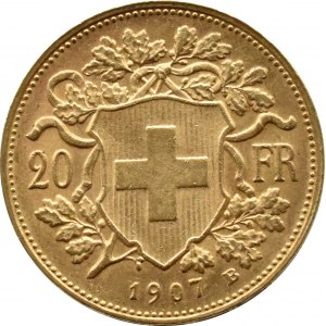 Szwajcaria, Vreneli, 20 franków 1907 B, Berno, BARDZO RZADKIE