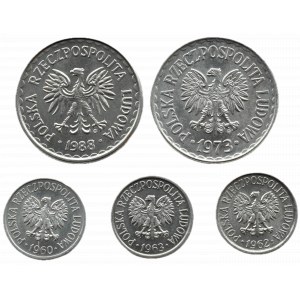 PRL, lot menniczych monet, 5 groszy i 1 złoty 1960-1988, Warszawa