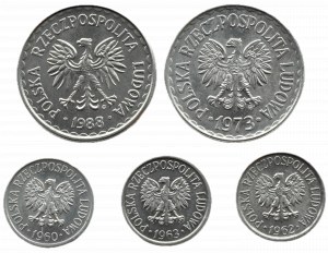 People's Republic of Poland, mint lot of coins, 5 pennies and 1 zloty 1960-1988, Warsaw