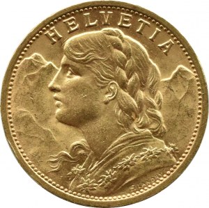 Switzerland, Vreneli, 20 francs 1910 B, Bern, OLD BICKS, UNC