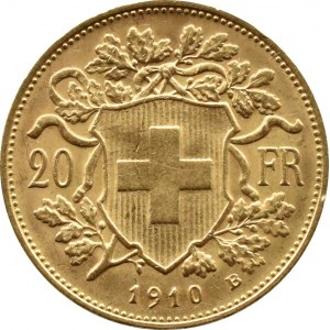 Szwajcaria, Vreneli, 20 franków 1910 B, Berno, STARE BICIE, UNC