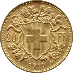 Switzerland, Vreneli, 20 francs 1910 B, Bern, OLD BICKS, UNC