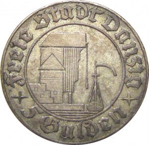 Free City of Danzig, 5 guilders 1932, Port crane, Berlin, RARE