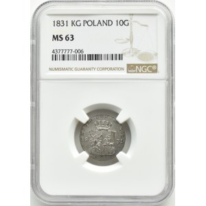 Powstanie Listopadowe, 10 groszy 1831 K.G., łapy orła zgięte, NGC MS63