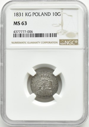 Powstanie Listopadowe, 10 groszy 1831 K.G., łapy orła zgięte, NGC MS63
