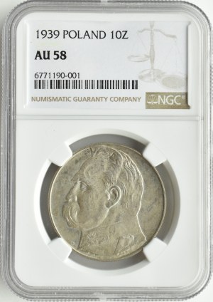 II RP, Jozef Pilsudski, 10 zloty 1939, Warsaw, NGC AU58