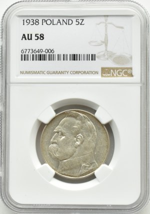 II RP, Jozef Pilsudski, 5 zloty 1938, Warsaw, NGC AU58