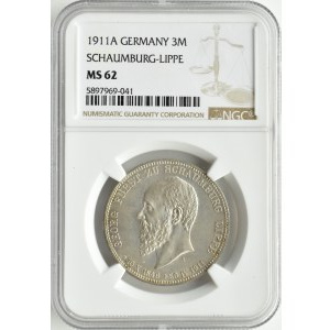 Niemcy, Schaumburg-Lippe, Georg, 3 marki 1911, Berlin, NGC MS62
