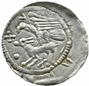 Ladislaus II the Exile (1138-1146), denarius - Eagle and Hare, CROSS, BALL, Sword and Matza, Cracow, BEAUTIFUL