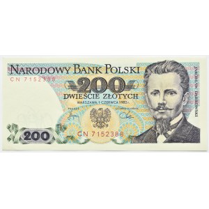PRL, J. Dąbrowski, 200 złotych 1982, seria CN, UNC DOŚĆ RZADKIE (L5)