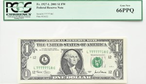 USA, G. Washington, $1 2001 L, San Francisco, PCGS 66PPQ, SUPER NUMBER L77777718