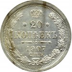 Rosja, Mikołaj II, 20 kopiejek 1907 СПБ ЭБ, Petersburg, PIĘKNE!