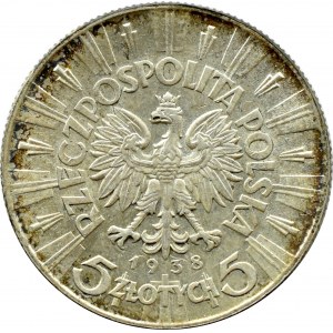 II RP, Józef Piłsudski, 5 złotych 1938, Warszawa, PIĘKNE