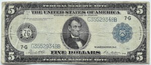 USA, A. Lincoln, $5 1914, 7-G Illinois, White & Mellon, G series, RARE