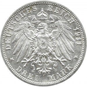 Niemcy, Wirtembergia, Wilhelm i Charlotte, 3 marki 1911 F, Stuttgart