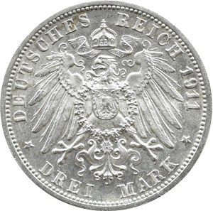 Niemcy, Wirtembergia, Wilhelm i Charlotte, 3 marki 1911 F, Stuttgart