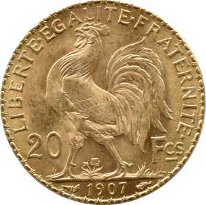 France, Third Republic, Marianne/Cocker, 20 francs 1907, Paris