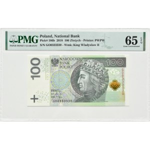 III RP, W. Jagiełło, 100 złotych 2018, Warszawa, seria GO, PMG 65 EPQ