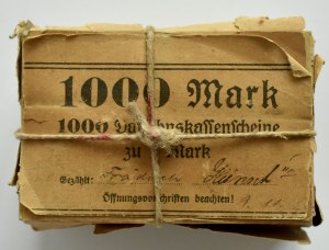 Germany, Republic of Weimar, 1 mark 1920, BANK BUNDLE of 10 packets of banknotes, RARE