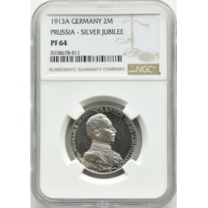 Germania, Prussia, Guglielmo II in uniforme, 2 marchi 1913 A, Berlino, NGC PF64