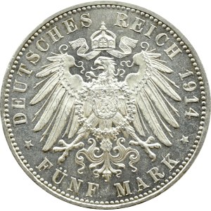 Germany, Bavaria, Ludwig III, 5 marks 1914 D, Munich, BEAUTIFUL!