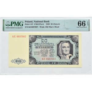 RP, 20 zloty 1948, KE series, Warsaw, PMG 66 EPQ