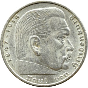 Germany, Third Reich, Hindenburg, 5 marks 1936 A, Berlin, UNC